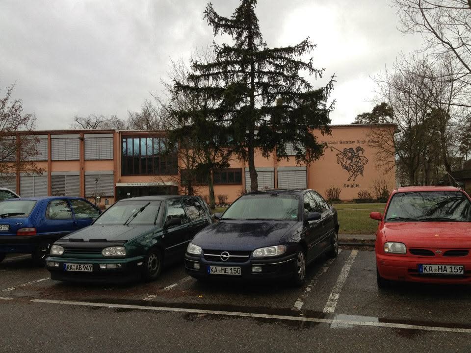 Karlsruhe American High School. Still has the Knight Logo and still is pink! — —